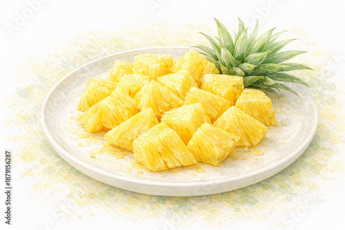 Hand-painted watercolor pineapple with slices and green leaves on white background