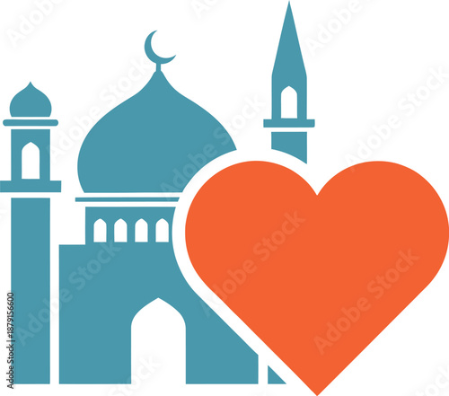 An illustrative graphic depicting a teal mosque with a prominent orange heart symbolizing love compassion community and Islamic faith isolated on transparent background