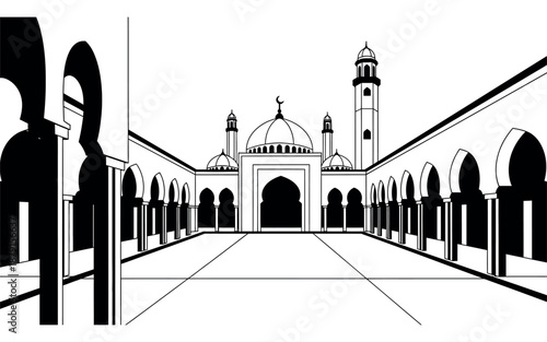 Elegant black and white line art illustration of a grand mosque courtyard showcasing traditional Islamic architecture with arched passages and towering minarets