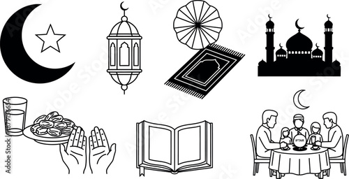 Diverse set of Islamic and Ramadan traditional line art vector icons representing fasting prayer and cultural celebration elements perfect for design projects