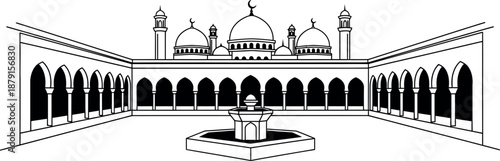 Islamic mosque architecture courtyard with intricate arches domes and minarets surrounding a central ablution fountain line art illustration