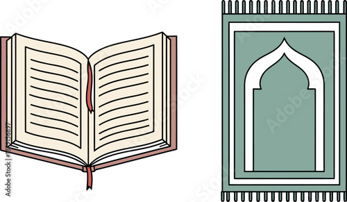 Open holy book with bookmark next to a traditional Islamic prayer rug vector illustration isolated on transparent background