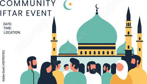 Vibrant Flat Illustration depicting a Community Iftar Event with Diverse Muslim People and a Beautiful Mosque Design