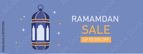 Vibrant Ramamdan Sale banner featuring a traditional Islamic lantern and shining stars offering up to fifty percent off promotions