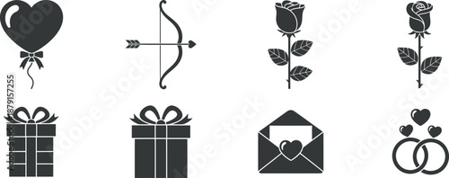 Valentine's day symbols and icons heart bow roses gifts envelope isolated on transparent background