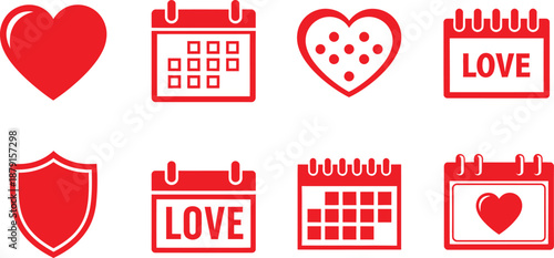 Valentine's day icons set isolated on transparent background red hearts and calendars for love and romance