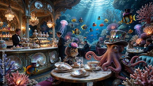 Surreal Underwater Café with Sea Creatures