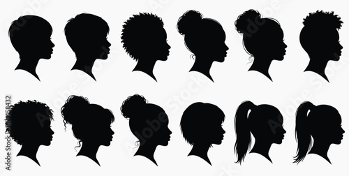 silhouettes of women with different hairstyles on white background