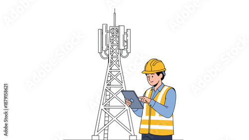 Smiling telecommunication engineer in safety vest and hard hat inspecting a cellular tower with a digital tablet, ensuring optimal network performance and maintenance of critical infrastructure.