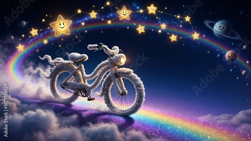 Dreamy Bicycle Clouds on Rainbow in Starry Sky