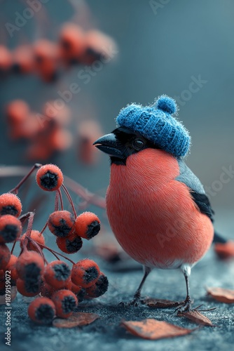 Bullfinch bird wearing a blue hat standing among red berries  