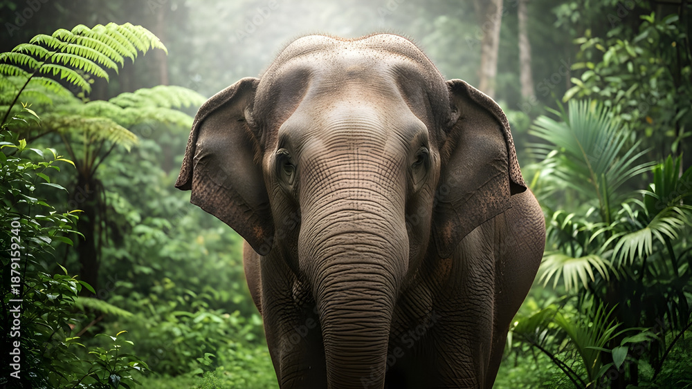 Fototapeta premium Asian elephant standing in dense jungle habitat under soft natural light.