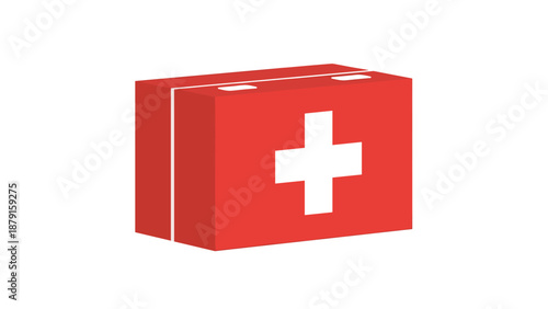 Three-dimensional red first aid kit with a prominent white cross symbol, representing immediate medical assistance and emergency preparedness for health and safety situations.
