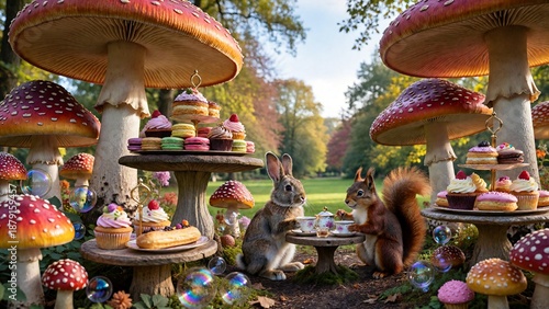 Surreal Animal Tea Party in a Mushroom Garden