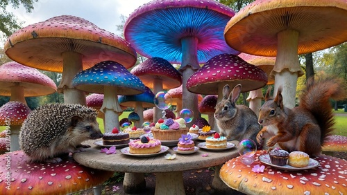 Surreal Tea Party with Tiny Animals and Mushrooms