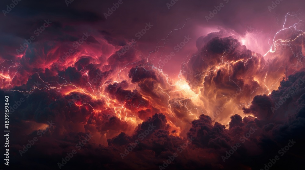 Fototapeta premium Fiery clouds illuminated by intense lightning 