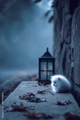 White fluffy animal sitting beside lantern on stone wall with leaves  