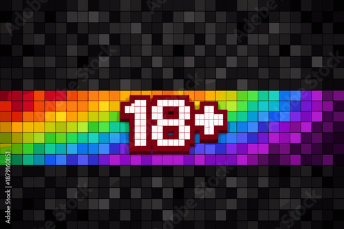 classic ‘18+ content ahead’ marker, made in a cute/nostalgic pixel style with a rainbow