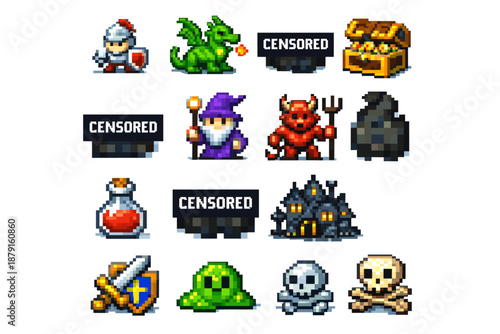 A collection of pixel art elements in a pure retro 8-bit/RPG style (similar to classic JRPGs such as Final Fantasy, Zelda, or indie games such as Celeste/Undertale, but with humour and censorship).