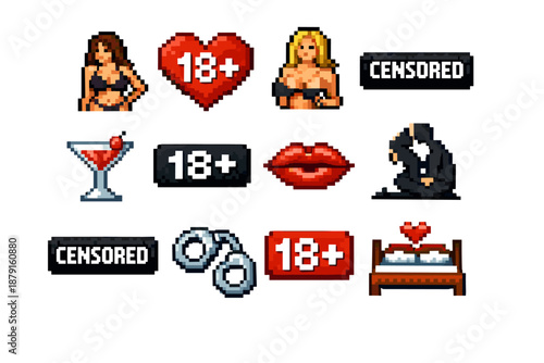 Pixel art 18+ pack in retro gaming style! Sexy NSFW vibes with pixelated beauties, censorship, romance, and light BDSM. 8-bit look: low resolution, bright colours, sharp contours.