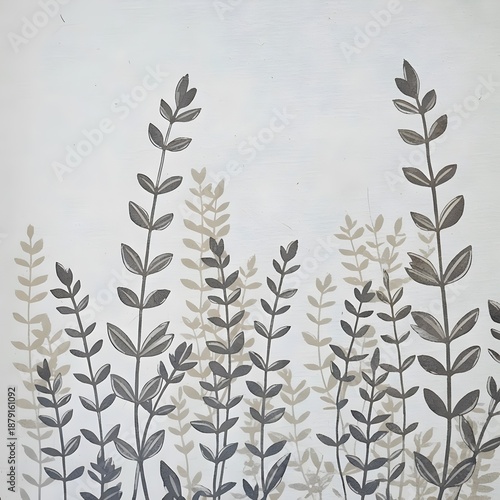 Elegant botanical illustration of plants with dark and light leaves on white background