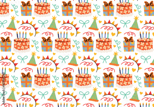 Cute seamless Birthday pattern. Party print with festive bows, gift boxes, party hats, confetti, cakes, candles, hearts on white background. Wrapping paper decor for holidays. Making party paper.