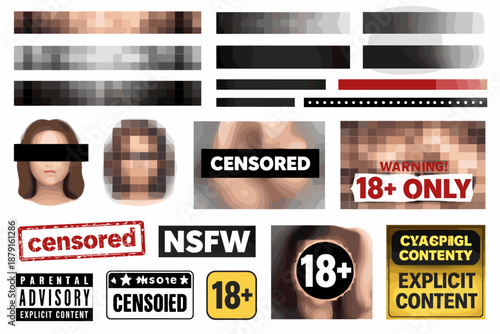 A set of censorship elements (censorship pack) for adult/NSFW content. Used in design, memes, stock illustrations, social media, or video editing to mask sensitive parts or warn about 18+ content.