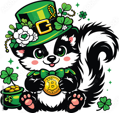 Cute St. Patrick’s Day Skunk Leprechaun Holding Bitcoin Coin with Shamrocks and Gold Pot – Cartoon Crypto Vector Illustration