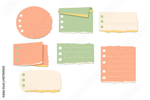 Set of Torn Paper Notes and Sticky Memo Elements with Rounded Shapes in Soft Pastel Hand Drawn Flat Style