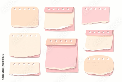 Pastel sticky notes / memo set in a soft pink vibe! Rectangular with perforations (like a notepad), oval, with torn/ripped edges, layered on top of each other (layered).