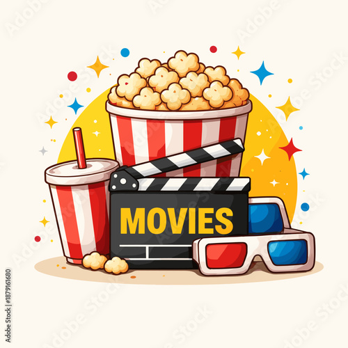 Super bright movie night/cinema party illustration in cartoon style! Bag of popcorn. Classic film clapperboard with the word MOVIES in large letters. Red cup with a drink. 3D glasses.