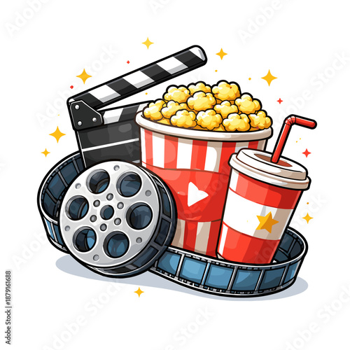 Super cute and vibrant movie night/cinema vibe illustration in kawaii/cartoon style! Classic film clapperboard, large red and white popcorn bag, red drink cup, film reel.