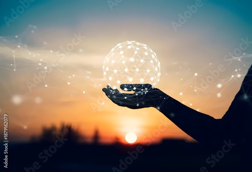 Hand holding glowing network globe at sunset with connections