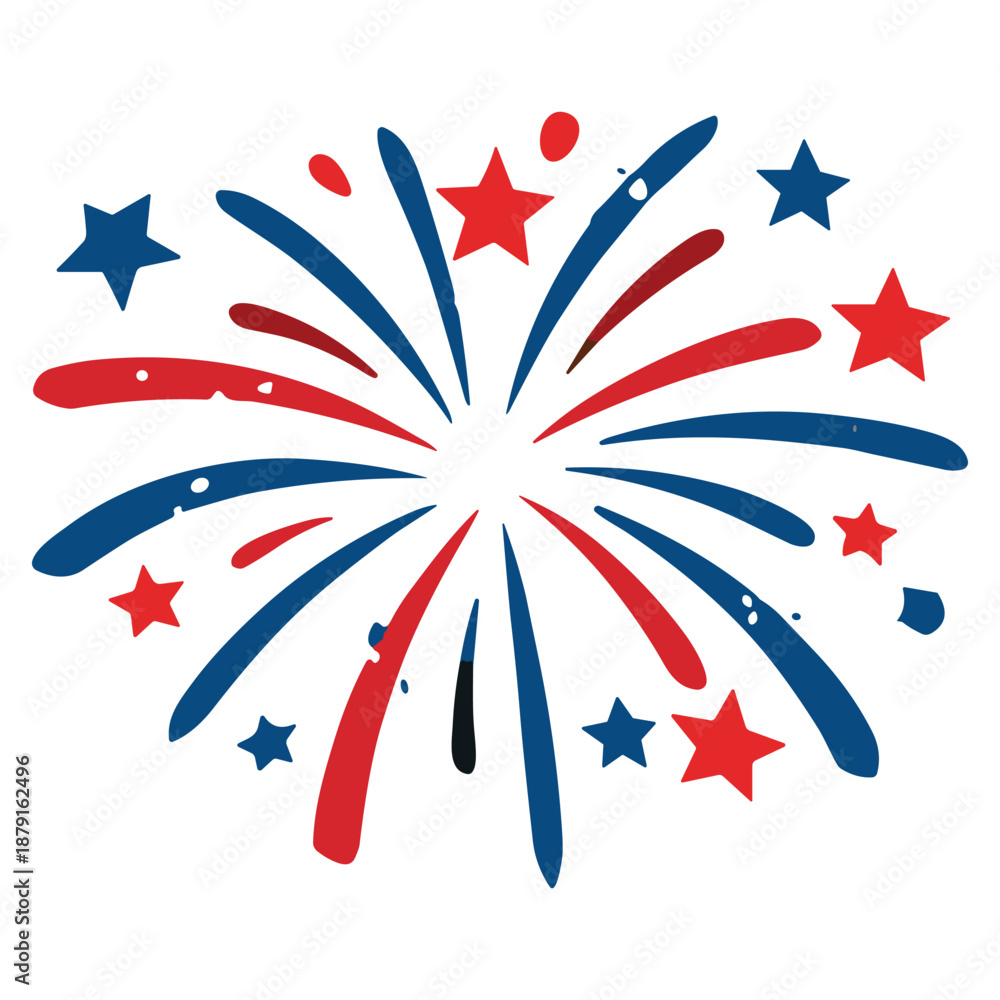 Obraz premium Classic fireworks in a patriotic style! Symmetrical explosion of fireworks in the colours of the American flag: arcs/rays, stars, small stars and dots for a flash effect.