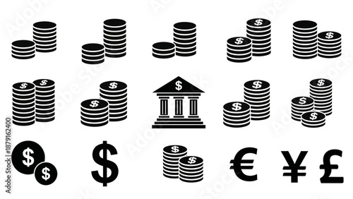 Black silhouette finance icon pack featuring various stacks of coins, currency symbols, and a bank building on a white background.