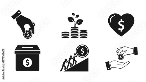 Black silhouette finance icons including a hand holding a coin, a heart with a dollar sign, and a plant growing from stacked coins on a white background with a flat lay composition.
