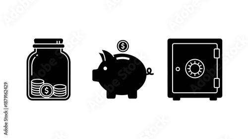 Black silhouette icons of a jar, piggy bank, and safe on a white background, representing finance and savings.