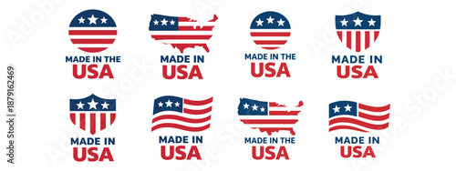 Made in USA Badge Collection with American Flag Shapes in Flat Vector Emblem Style