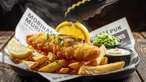 Squeezing Lemon Juice Onto Fish and Chips With Mushy Peas