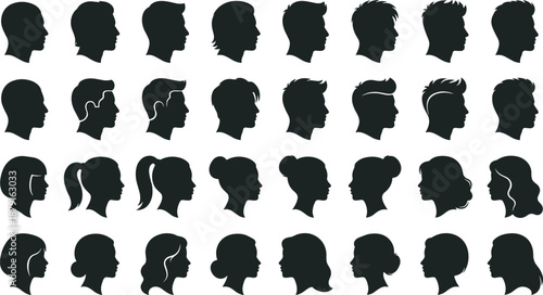 Large Collection of Male and Female Head Profile Silhouettes with Diverse Hairstyles for Identity Portraits Avatars Hair Salon and Beauty Design Projects Isolated on White