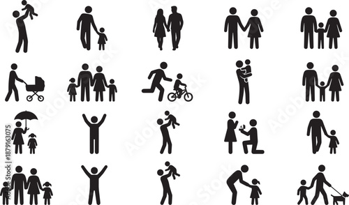 Large Set of Family Stick Figure Icons Featuring Parents Children Couples Proposing Walking Dog and Pushing Stroller for Life Events Design Isolated on White Background
