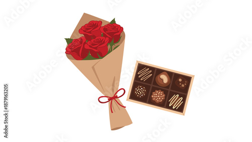 Elegant bouquet of red roses wrapped in kraft paper with a red ribbon, paired with a box of assorted chocolates, symbolizing love, romance, and thoughtful gifts for special occasions.