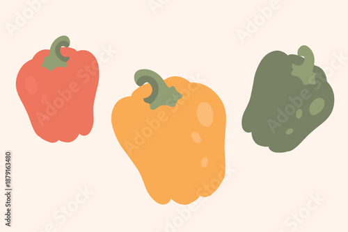 Art & Illustration Fresh red, yellow, and green bell peppers, vector illustration, healthy food, organic vegetables, for banners and web design