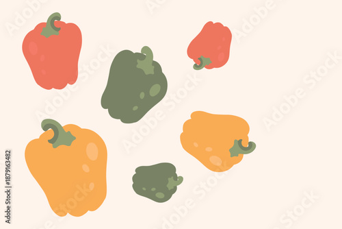 Art & Illustration Fresh red, yellow, and green bell peppers, vector illustration, healthy food, organic vegetables, for banners and web design