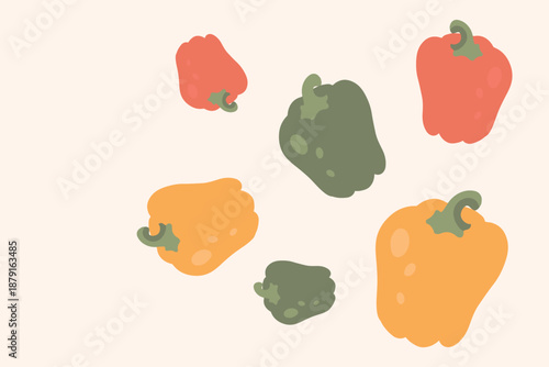 Art & Illustration Fresh red, yellow, and green bell peppers, vector illustration, healthy food, organic vegetables, for banners and web design