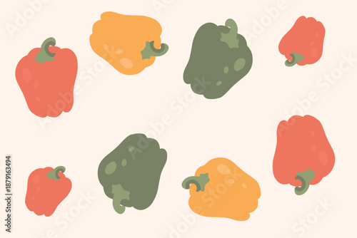 Art & Illustration Fresh red, yellow, and green bell peppers, vector illustration, healthy food, organic vegetables, for banners and web design