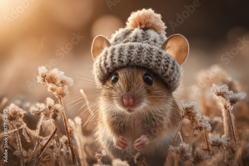 Cute mouse wearing knitted hat in a field during sunset  