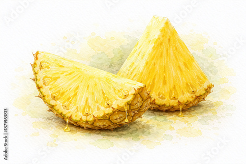 Tropical pineapple fruit watercolor painting, fresh sliced pineapple isolated on white