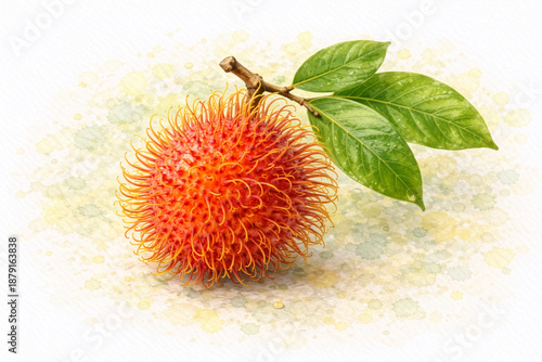Watercolor illustration of fresh rambutan fruit with leaves, isolated on white background