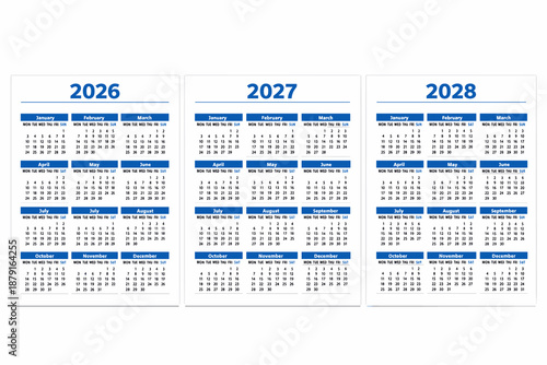 Three-year calendar for 2026, 2027 and 2028 in a compact format. Colourful